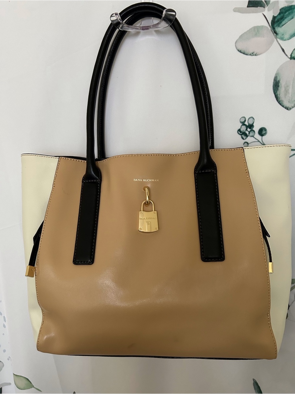 Dana Buchman Tan, Cream & Black Leather Tote with Gold-Tone Lock Accent